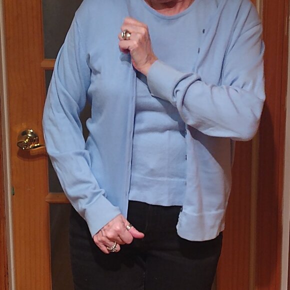 LL Bean baby blue tiny ribbed twinset sweater - Picture 1 of 6